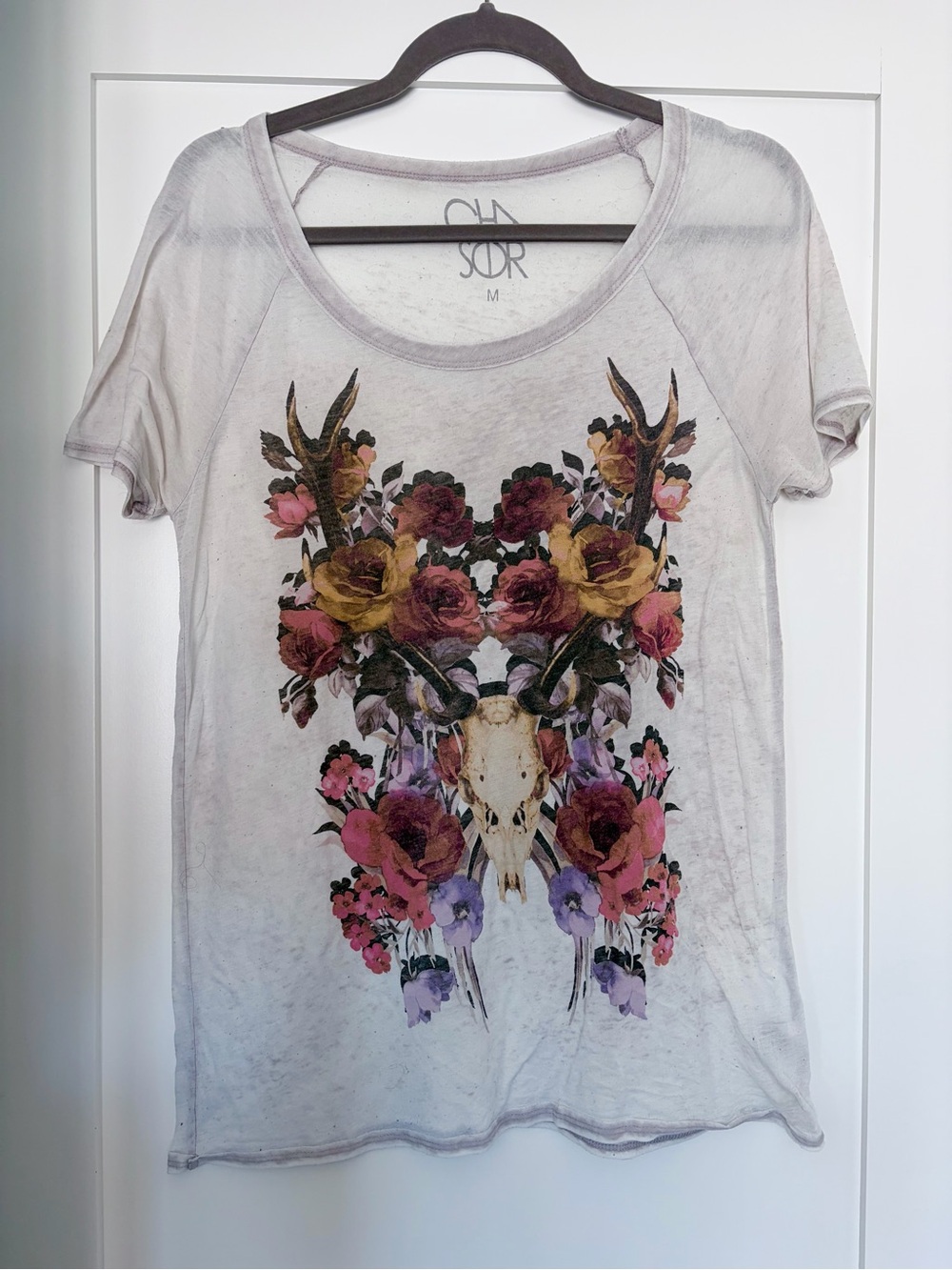 Chaser deer skull antlers floral burnout raglan tee